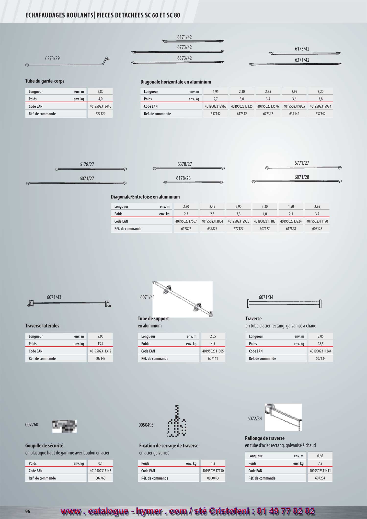 ECHAFAUDAGES ROULANTS 
PIECES DETACHEES SC 60 / SC 80 


Plinthe latérale frontale G 


Dimension extérieure env. m 2,70 x 0,15 2,20 x 0,15 1,65 x 0,15 1,25 x 0,15 0,60 x 0,15 
Poids env. kg 4,5 3,5 2,7 1,8 0,9 
Code EAN 4019502330542 4019502330559 4019502330566 4019502330573 4019502330580 
Réf. de commande 0079630 0079631 0079632 0079633 0079634 


6273/40 
0077268 

Escalier G Fixe plinthe G Plate-forme d‘accès G 
Dimension env. m 2,50 x 0,53 Poids env. kg 0,2 Dimension extérieure env. m 2,95 x 0,55 
Poids env. kg 13,8 Code EAN 4019502330597 Poids env. kg 21,0 
Code EAN 4019502313453 Réf. de commande 0077268 Code EAN 4019502311329 
Réf. de commande 627340 

Plate-forme  Trappe d‘accès 
Dimension extérieure env. m 
Poids env. kg 